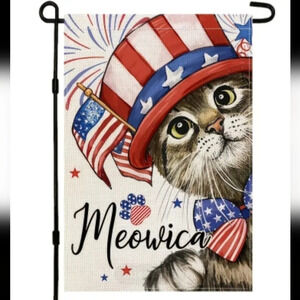 Meowica patriotic cat garden flag, red white blue hat, tabby cat, independence